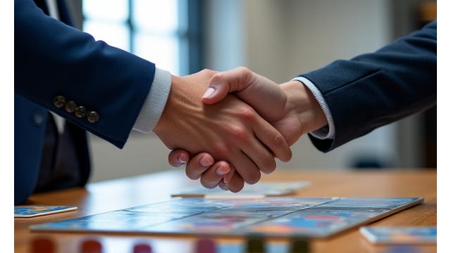 Handshake between a GameVault team member and an indie game designer