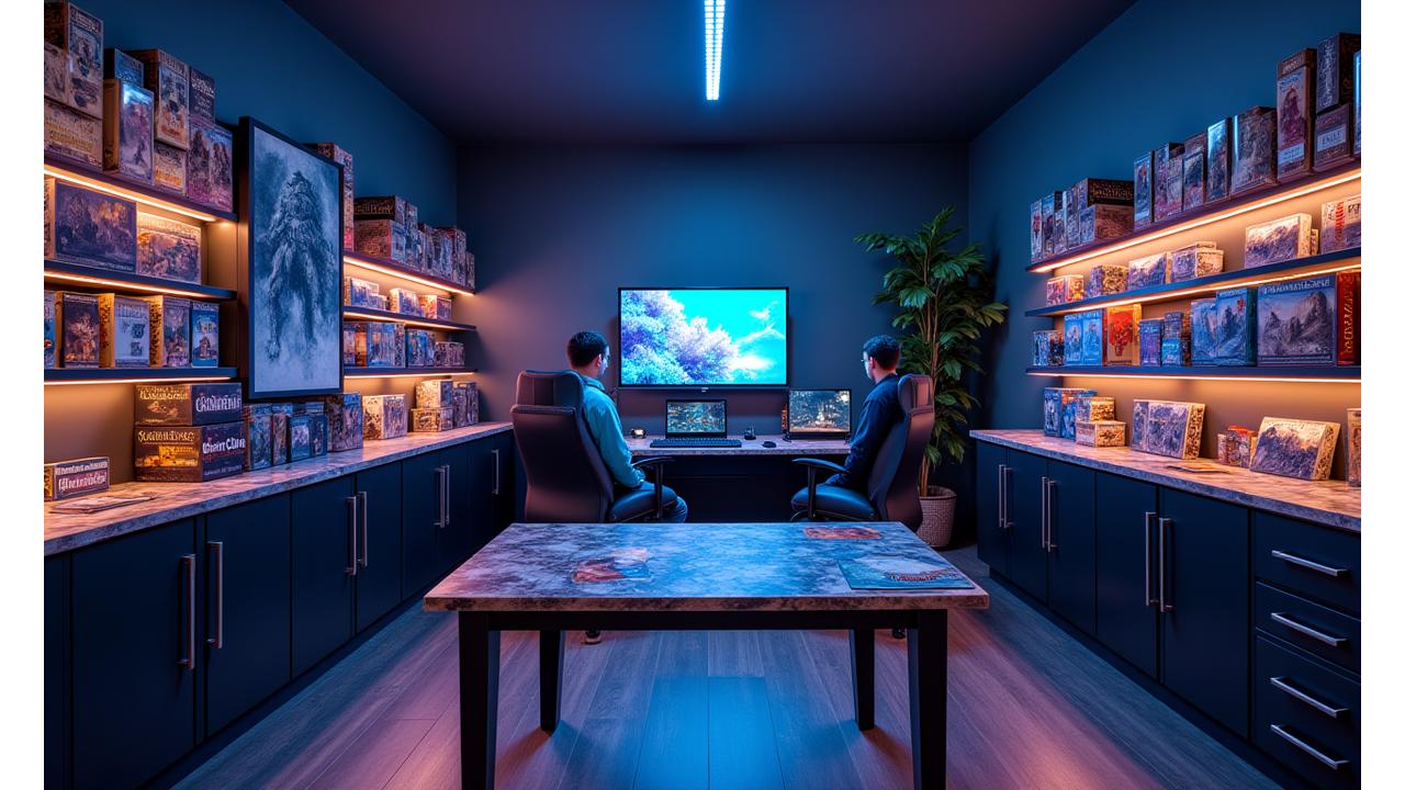 A beautifully optimized, well-lit gaming room with board games neatly displayed, comfortable seating, and a large table ready for play.