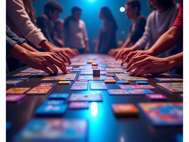 Diverse collection of board games spread on a table with players' hands reaching for pieces