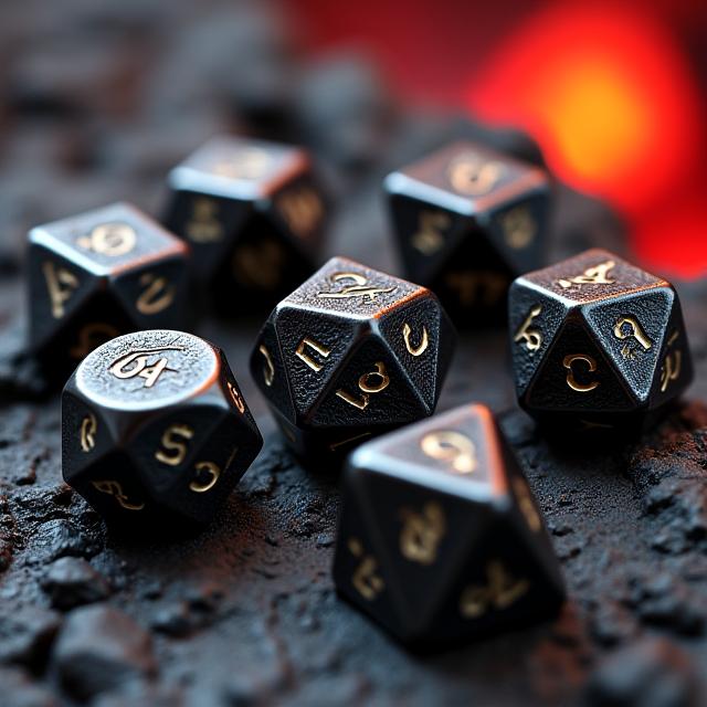 Heavy, dark metal polyhedral dice set intricately engraved with dragon scales and runes, contrasting on a red backdrop.