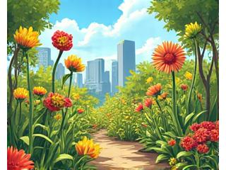 Whimsical artwork for 'Urban Sprouts', depicting cartoon plants and city buildings.