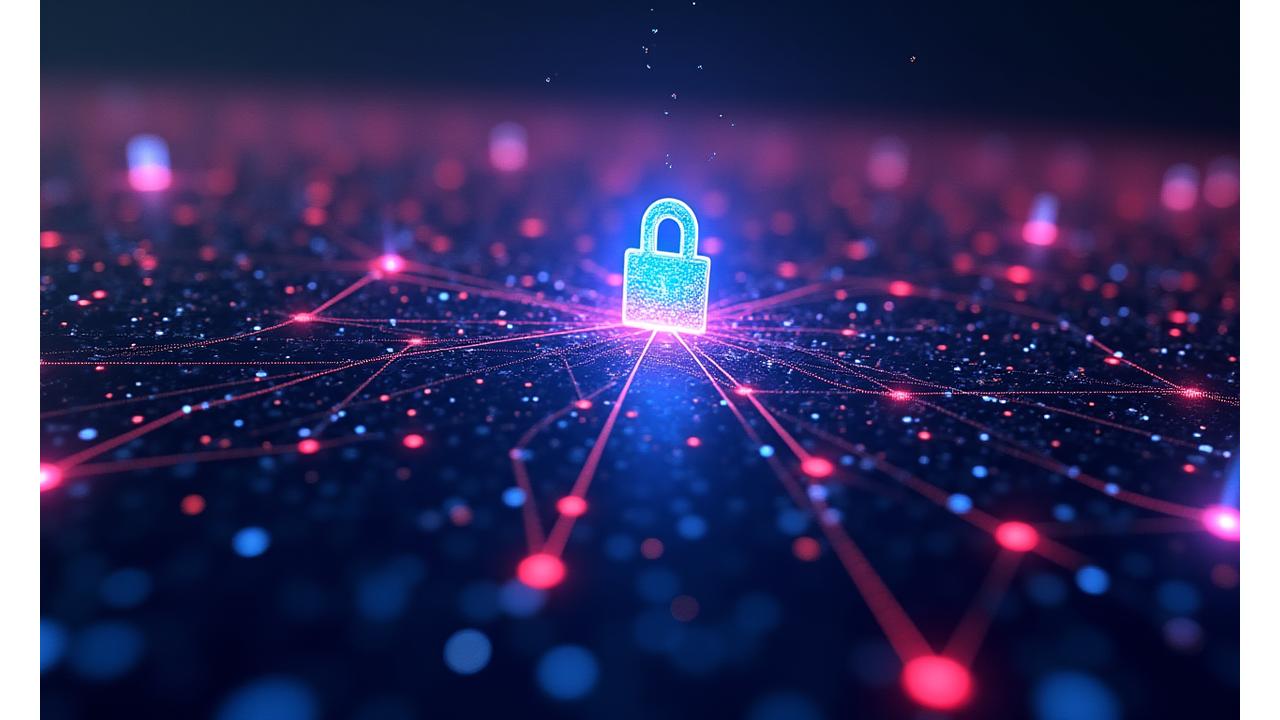 A complex, glowing network of interconnected nodes and protective barriers, symbolizing data encryption and robust security protocols.