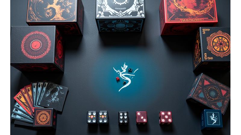 Overhead view of various gaming products including board games, dice, and cards neatly arranged