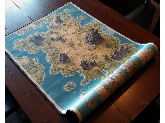 Large neoprene playmat with a fantasy map design unrolled on a table